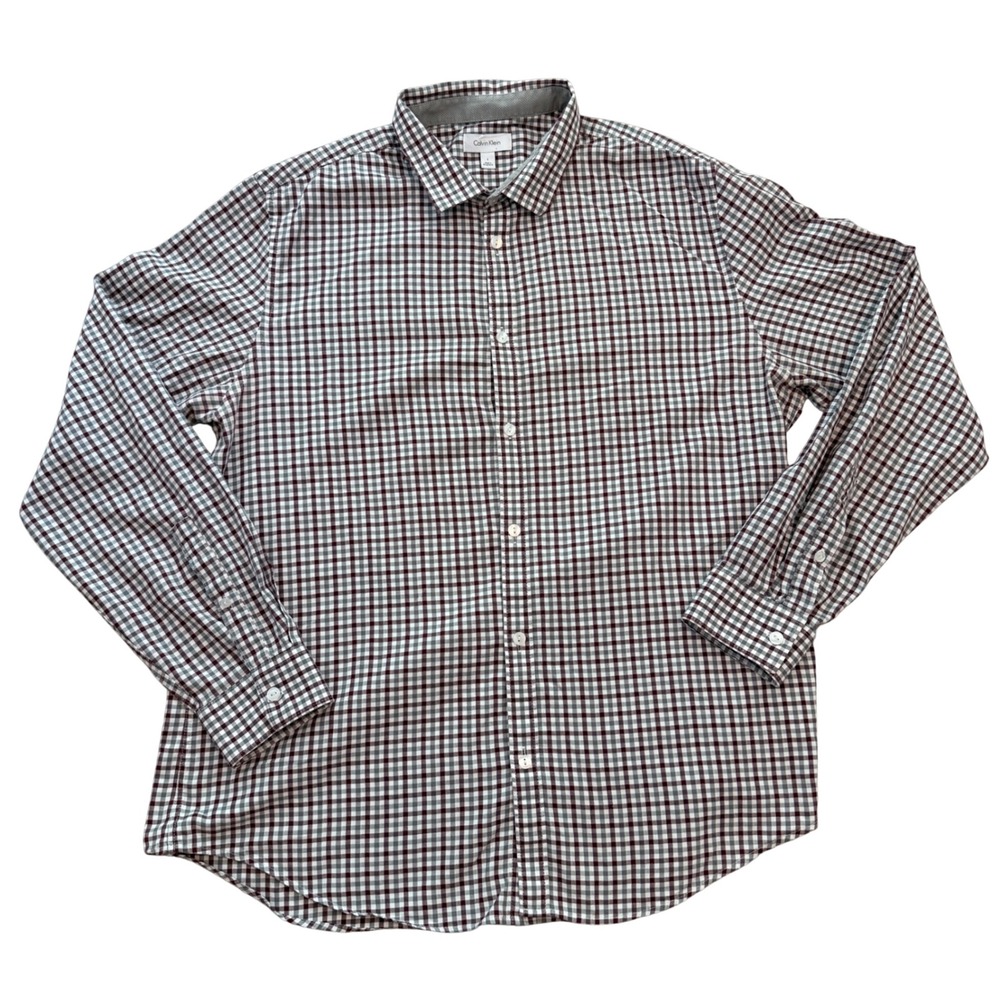 Calvin Klein Button Down Shirt Mens L Burgundy Grey Gingham Check Long Sleeve